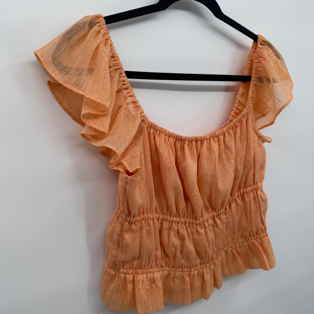 Express Women's M Peach Ruffle Smocked Peplum Top Metallic Thread Cottagecore - Picture 3 of 9